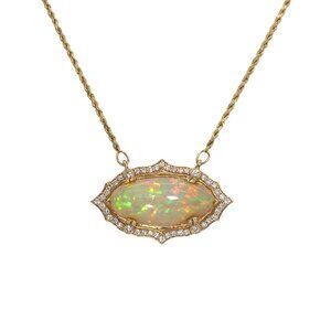 11.26Ct Ethiopian Opal & Diamond Halo Necklace in Solid 14K Yellow Gold